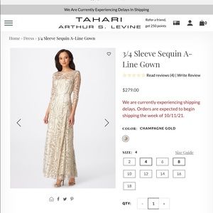 Tahari 3/4 Sleeve Champagne Sequined Gown